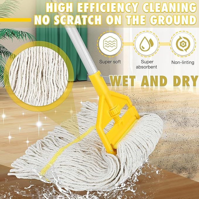 Commercial Industrial Mop Heavy Duty with 3 Replacement Head,Looped-End String Wet Mops with Long Handle for Floor Cleaning, Cotton Mop for Home Garage Office Workshop Warehouse Concrete Floor