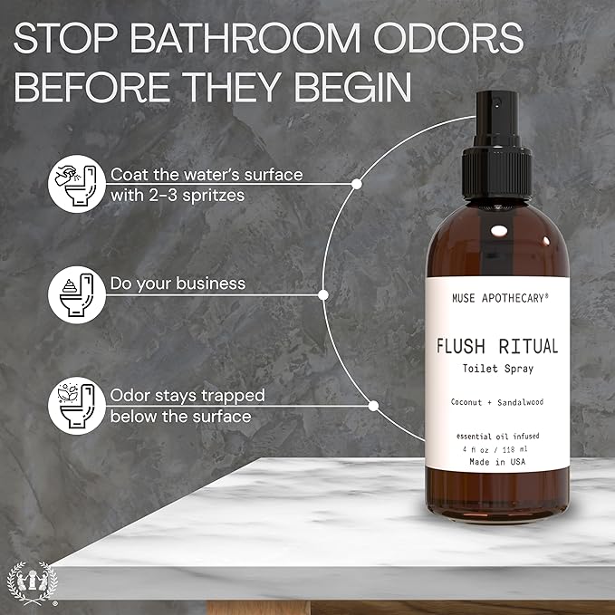 Muse Apothecary Flush Ritual - Aromatic & Refreshing Toilet Spray, Use Before You Go, 4 oz, Infused with Natural Essential Oils - Coconut + Sandalwood, 2 Pack