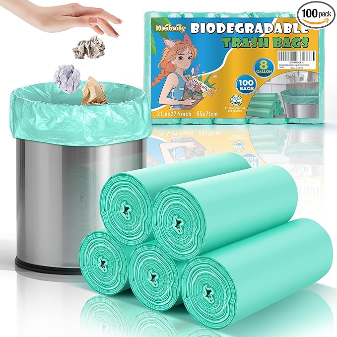 Biodegradable Medium Trash Bags 8 Gallon - Compostable Clear Green Garbage Bags Unscented 100 Count Strong Thick Waste Basket Can Liners for Home Office Bedroom Heihaily