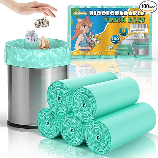 Biodegradable Medium Trash Bags 8 Gallon - Compostable Clear Green Garbage Bags Unscented 100 Count Strong Thick Waste Basket Can Liners for Home Office Bedroom Heihaily