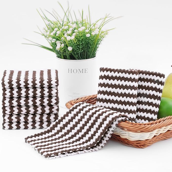 Homaxy 12 Pack Kitchen Dish Cloths, Ultra Soft and Absorbent Dish Towels, Reusable Fast Drying Microfiber Cleaning Cloth, Coral Velvet Wave Design No-lint, 10 x 10 inches, Brown