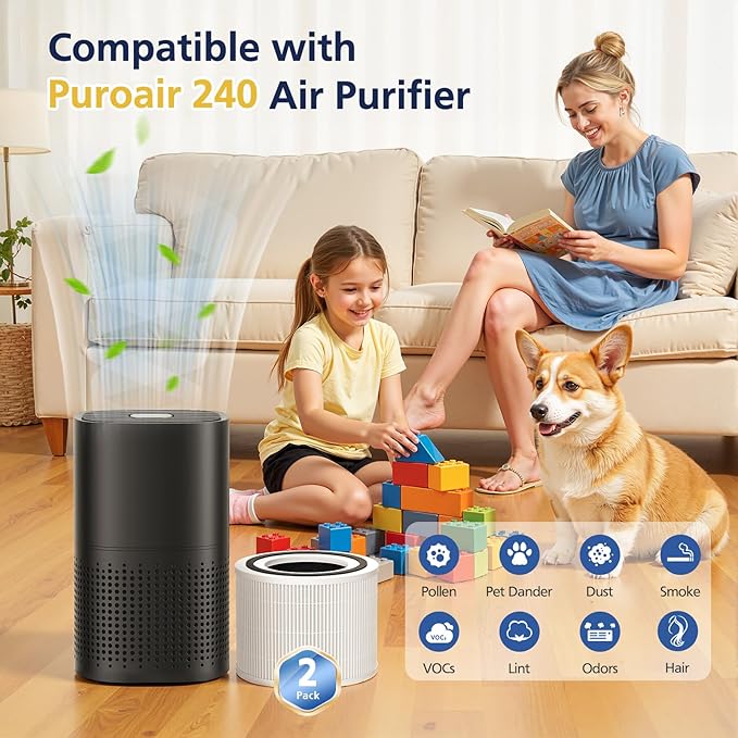 240 Replacement Filter Compatible with PuroAir 240 HEPA Air Purifier, 3-in-1 Hepa and Activated Carbon HP-14 filter for 99.97% Air Pollutants, Odor and Smoke, 2 Pack