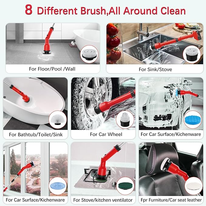 Electric Spin Scrubber Compatible for Milwaukee 18V Battery，8-in-1 Cordless Cleaning Brush & 1000 RPM Battery Powered Scrubber with Adjustable Extension for Bathroom, Kitchen, Car, Floor （No Battery