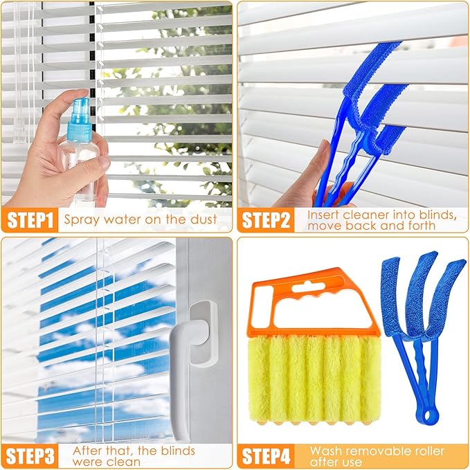 Romooa 4 Pcs Window Venetian Blind Cleaner Duster Tool 7 Finger Blind Rush and Shutter Cleaner Brush Hand-held Window Shutter Air Conditioner Duster for Dirt(Orange, Blue, Red)