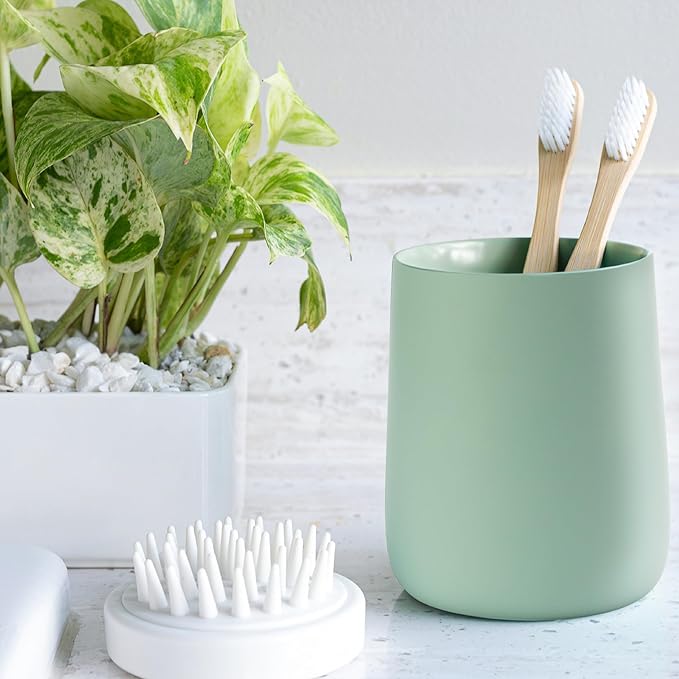 Yew Design Matte Sage Green Toothbrush and Toothpaste Holder and Cup for Bathroom Vanity and Countertop, Round Organizer for Electric Toothbrushes, Floss, Razors, Cotton, and Mouthwash