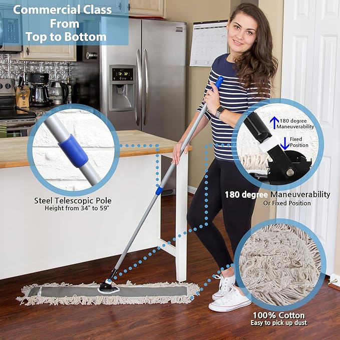 JINCLEAN 36" Industrial Cotton Floor Dust Mop with Adjustable Steel Handle - Commercial Mops for Hardwood, Tiles, Laminate, Vinyl, Garage epoxy, Bamboo Surface Cleaning and Flooring Push Dust Broom