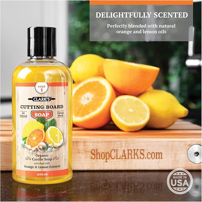 CLARK'S Cutting Board Organic Soap - Cleaner for Butcher Block, Countertop and Utensils - Enriched with Natural Orange & Lemon Extracts - Cleans and Restores Wood - Use Before Food Safe Mineral Oil