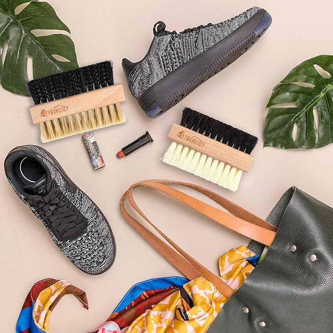 YoungJoy 2 Pieces Dual Sided Sneaker Shoe Cleaner Brush Set Shoes Clean Brush Kit Both Boar and Plastic Bristles with Microfiber Cloth (A)