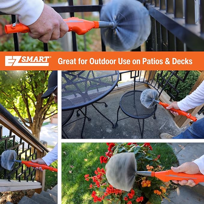 EZ Smart Powered Cobweb & Ceiling Fan Duster with 16ft Rigid Extension Pole – Adjustable Arm, Removable Washable Head, Interior & Exterior Use – Handheld or Pole-Mounted Cleaning Tool