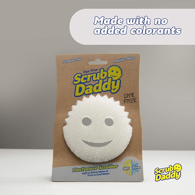 Scrub Daddy- Scrub Daddy Dye Free- FlexTexture Sponge, Soft in Warm Water, Firm in Cold, Deep Cleaning, Dishwasher Safe, Multiuse, Scratch Free, Odor Resistant, Functional, 1pk (Pack of 1)