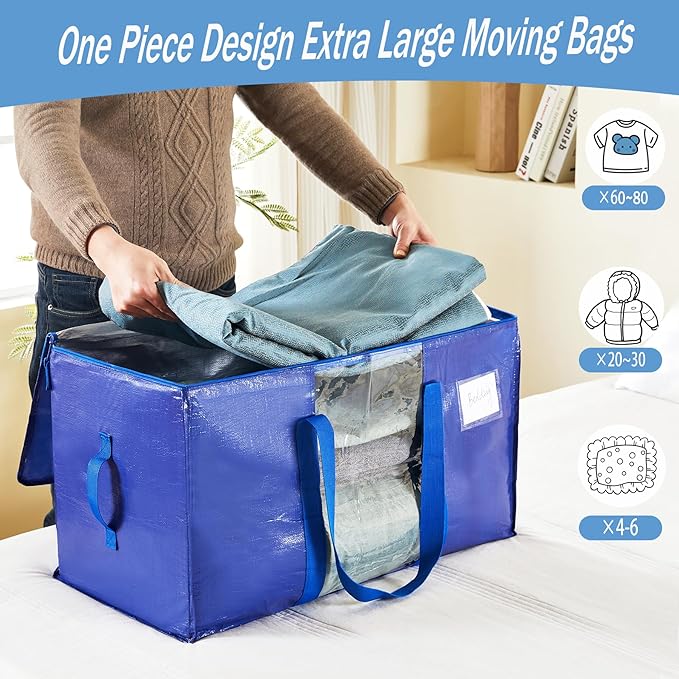 Extra Large Moving Bags, 6 Pack Heavy Duty Packing Bags for Moving, Totes For Storage with Visible Window and Wrap Around Handles, Moving Supplies for Space Saving
