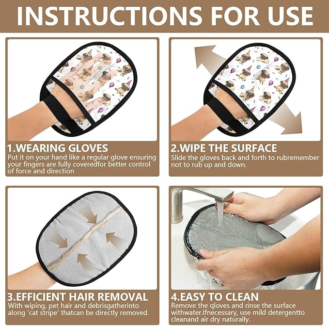 CHPGPUG Cute Cartoon Pug Pet Hair Removal Glove for Cats & Dogs Reusable Pet Hair Removal Glove pet Hair Electrostatic Gloves
