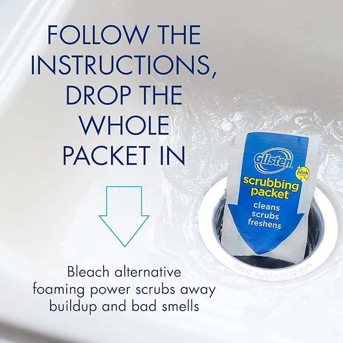 Glisten Garbage Disposer Cleaner and Freshener with Foaming Action, Helps Remove Buildup in Drains, Lemon Scent, Made in the USA, 16 Packets