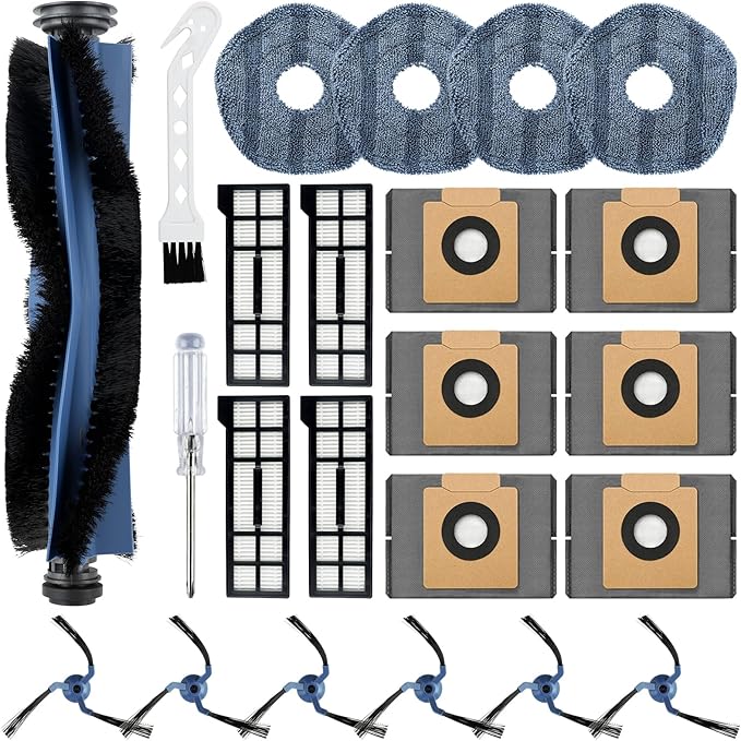 Resflyar 23 Pack Eufy Replacement Parts Kit for Eufy X10 Pro Omni Robot Vacuum Accessories, 1 Main Roller Brush, 4 Hepa Filters, 4 Mop Pads, 6 Dust Bags, 6 Side Brushes, 1 Screwdriver 1 Clean Tool