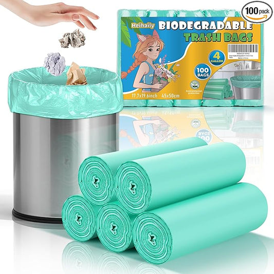 Small Bathroom Trash Bags 4 Gallon - 4 Gal Mini Garbage Bags Green 15 Liter 100 Count Unscented Biodegradable Compostable Waste Basket Kitchen Office Liners Strong Thick Bulk Heihaily