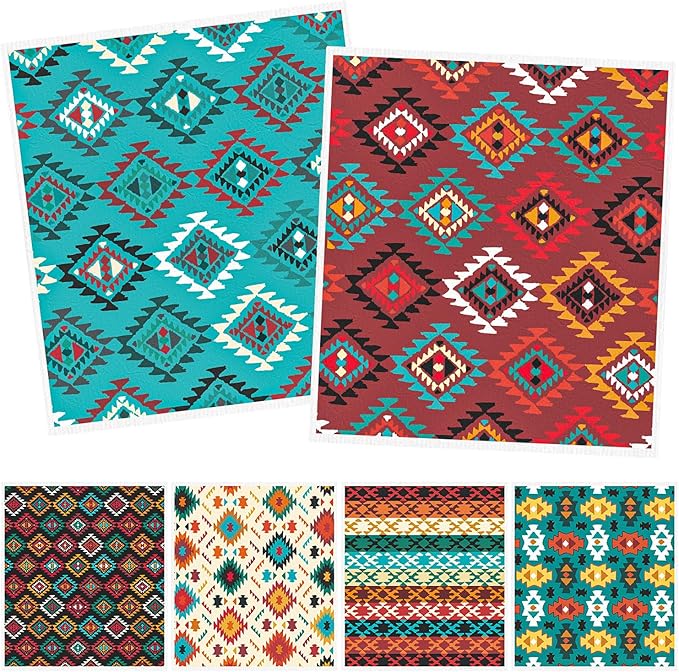 Native American Swedish Dishcloths for Kitchen - 6PCS Aztec Swedish Cloths for Washing Dishes, Native American Style Reusable Dish Towels, Southwestern Tribal Washable Cleaning Sponge Gifts