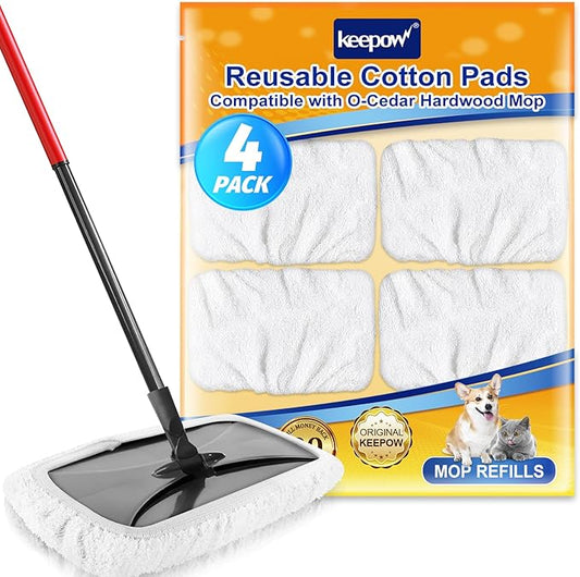 KEEPOW Reusable Mop Pads Compatible with O Cedar Hardwood Floor'N More Microfiber Mop, Mop Refill Heads Replacements for Wet and Dry Use, 15x8 Inch, 4 Pack