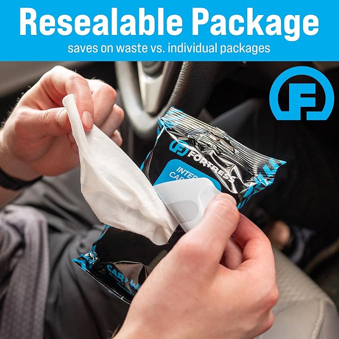 Fortress Car Interior Wipes with Microfiber Cloth (25 ct, Pack of 25) for Car Interior Cleaning, Dashboard, Seats, Detailing, and Steering Wheel [Travel Size] Skin-Safe Car Interior Cleaner Supplies