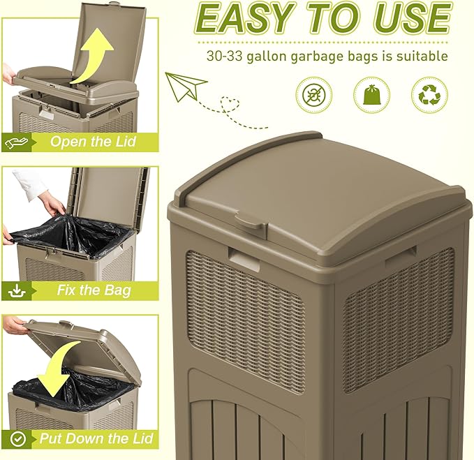 Greesum 33 Gallon Resin Outdoor Trash Can with Lid, Waterproof Resin Garbage Bin for Hideaway, Patio, Deck, Light Brown