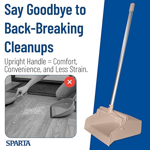 SPARTA Upright Dustpan with Aluminum Handle, Serrated Edge for Broom Combing, Secure Yoke Lock with Easy Storage Hanging Hole for Commercial Cleaning, Plastic, 30 Inches, Tan