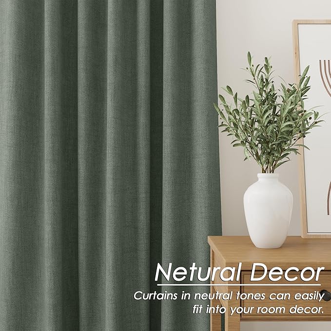 Olive Green Linen Blackout Curtains 84 Inches Long Back Tab Burlap Flax Bedroom Blackout Curtains 2 Panel Sets Rustic Farmhouse Full Light Blocking Thermal Insulated Curtain 84 Inch Length 52x84