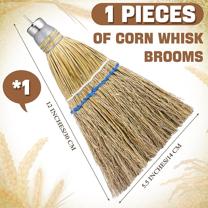 Suclain 1 Pcs 12 Inch Whisk Broom Hand Held Mini Corn Straw Whisk Broom Short Handle with Metal Hanger Halloween for Multi Surface Sweeping Small Hand Brush for Outdoor Car Porch Debris Dust Dirt