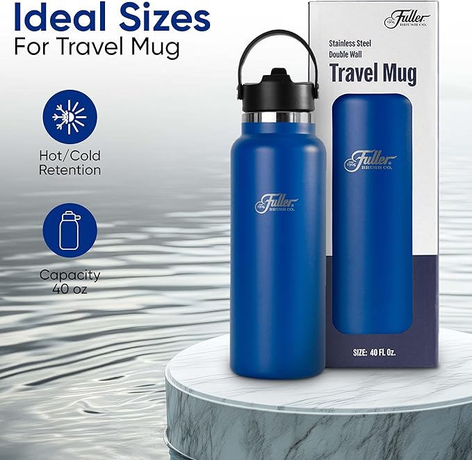 Fuller Stainless Steel Water Bottle with Straw Lid – BPA-Free, Sweat-Proof, Leak-Proof Travel Mug – Double Wall Insulated for Hot & Cold Drinks – Carry Handle (Mazarine Blue, 40 Oz.)