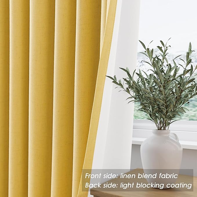 Nanspring Gold Yellow Linen Blackout Curtains 84 Inches Long Back Tab Rod Pocket Thermal Insulated Full Light Black Out 2 Panels Set for Living Room Elegant Modern Curtains Drapes 52x84