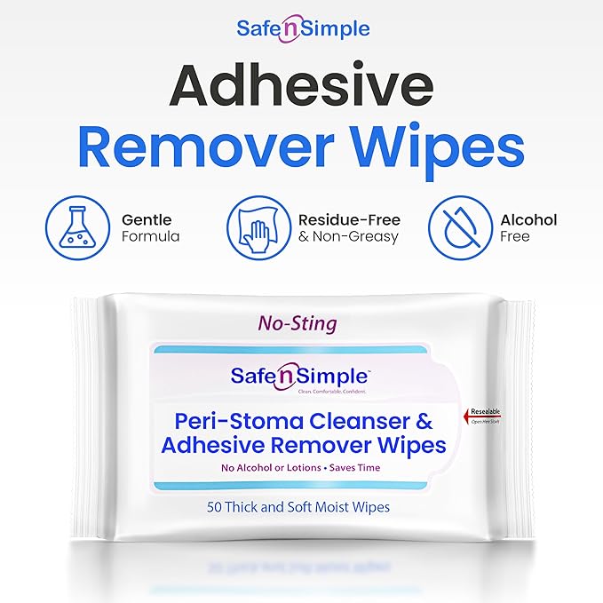 Safe n’ Simple Resealable Adhesive Remover Wipes for Skin - 50 Large 5"x7" No Sting Alcohol Free Medical Adhesive Remover Pads for Ostomy, Stoma Care - Gentle Adhesive Removal Wipes for Bandages, Tape