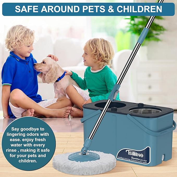Spin Mop and Bucket System,Separates Dirty and Clean Water,4-Chamber Design,Mop and Bucket with Wringer Set,Wet & Dry Use,Best Home Floor Cleaning Tools with 8 Replacement Mop Heads,4X Wheel
