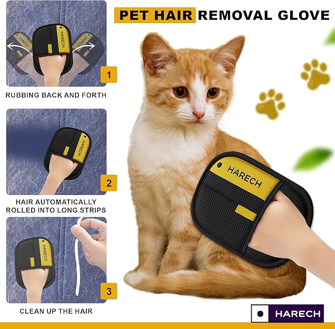 HARECH [2-Pack] Pet Hair Removal Glove Set, Black & Yellow Washable Fur Remover for Dogs & Cats, Reusable Grooming Tool with Meshed Fabric for Furniture, Sofa, Carpet