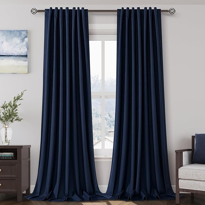 100% Blackout Linen Curtains 94 Inch Length 2 Panels for Living Room Loop Pocket Pinch Pleated Black Out Drapes Navy Blue Heat Reducing Total Blackout Window Curtain for Boy Man Bedroom
