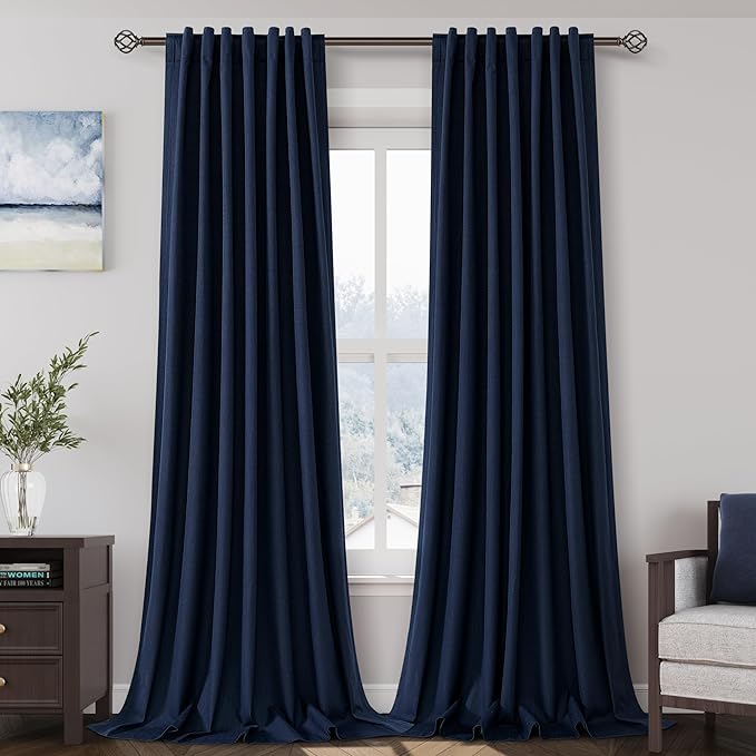 100% Blackout Linen Curtains 105 Inches Long 2 Panels for Bedroom Back Tab Pinch Pleated Black Out Curtains Modern Noise Cancelling Total Light Blocking Window Curtain 105 Inch Length Navy Blue