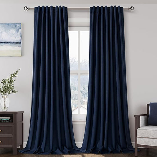 100% Blackout Linen Curtains 105 Inches Long 2 Panels for Bedroom Back Tab Pinch Pleated Black Out Curtains Modern Noise Cancelling Total Light Blocking Window Curtain 105 Inch Length Navy Blue