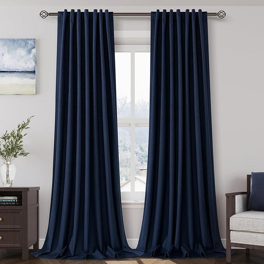 Navy Blue Linen Blackout Curtains 120 Inch Length 2 Panels Set Extra Long 10 Ft Back Tab Pocket Drapes Cotton Textured Thermal Insulated Total Blocking Curtain for Dining Room Cottage High Window
