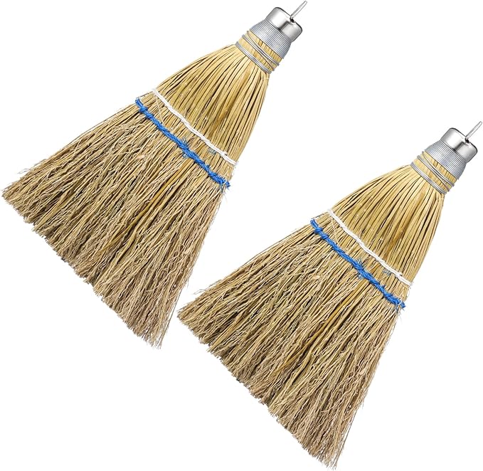 Suclain 2 Pcs 12 Inch Whisk Broom Hand Held Mini Corn Straw Whisk Broom Short Handle with Metal Hanger Halloween for Multi Surface Sweeping Small Hand Brush for Outdoor Car Porch Debris Dust Dirt