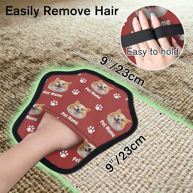 XIOBODR Personalized Pet Hair Remover Glove for Dogs & Cats - Custom Photo & Name Magic Brush for Dog Cat Hair Removal, Reusable Electrostatic Pet Hair Gloves for Furniture Carpet Couch, Face Paw Red