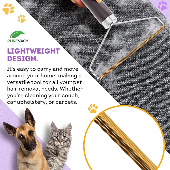PUREVACY Pet Hair Remover for Furniture. Cat and Dog Fur Remover Tool. Reusable Lint Cleaner with Copper Teeth-Cutters and Wooden Handle. Metal Pet Hair Removal Tool for Carpet. Portable Couch Cleaner