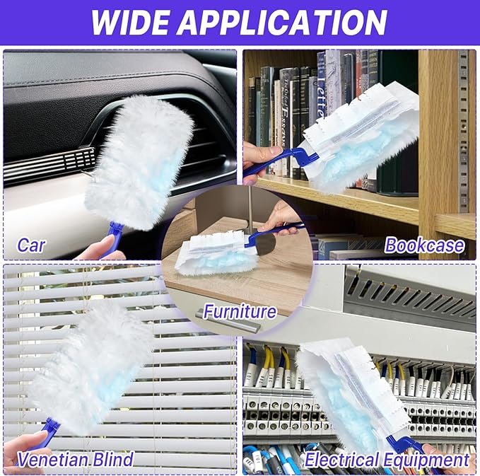 Milkary 60Pcs Duster Refills Electrostatic Fluffy for Cleaning, Duster Disposable Replacement Refills Bulk with 2 Handles for Home Office Blinds Ceiling Fans Furniture Multi-Surface Dusting, Blue