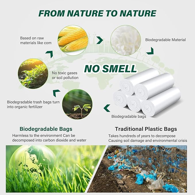 Inwaysin Biodegradable 2.6 Gallon Trash Bags, 180 Count, Scented Free, Translucent, Thickening & Leaking Proof, Suitable for Most Trash Cans, Perfect for Home or on the Go