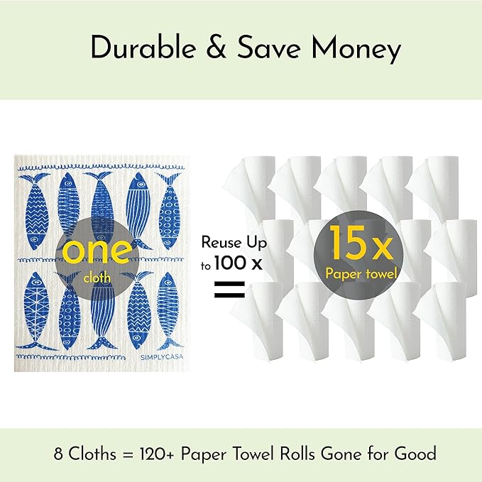 8 Pack Reusable Swedish Dishcloth, for Kitchen and Household Use, Super Absorbency, Made in Sweden, Cellulose Sponge Dish Cloths, Paper Towel Replacement, Plastic-Free Packaging