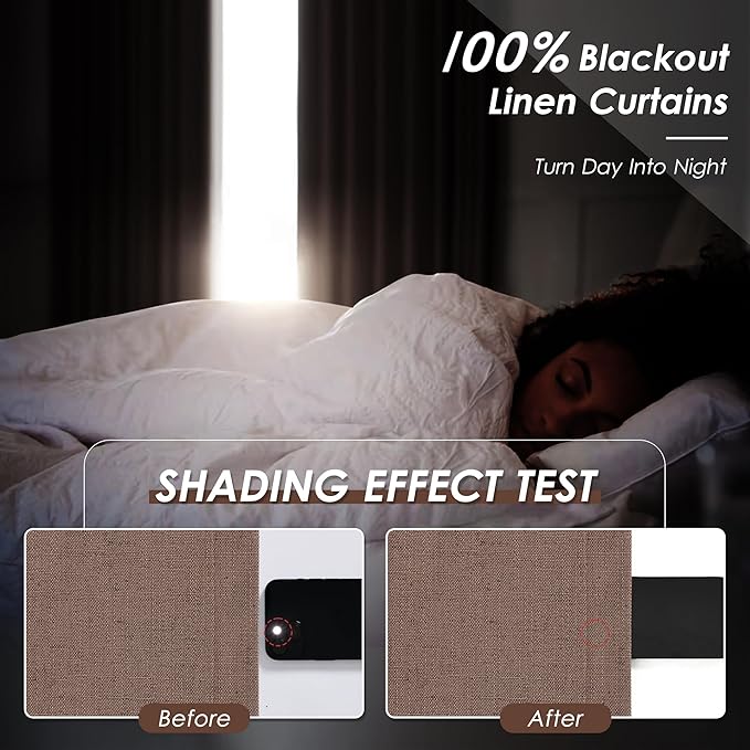 Nanspring Caramel Brown Linen Blackout Curtains 84 Inches for Bedroom Modern Farmhouse Living Room Draperies Cream Colored Thermal Insulated Full Shading Curtains for Sliding Door 52x84