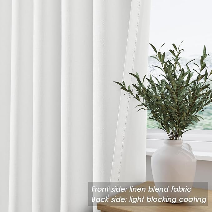 Off White Linen Curtains 90 inch Length 2 Panels Set for Bedroom Thermal Insulated 100% Blackout Linen Drapes Back Tab Neutral Rustic Modern Farmhouse Room Darkening Curtain 52x90