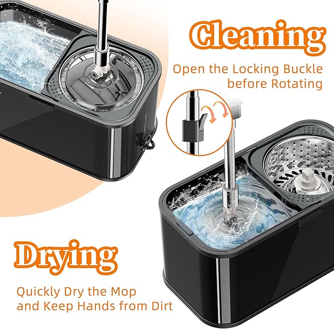SWIFTIRON Stainless Steel Spin Mop and Bucket with Wringer Set for Home,360° Mop and Bucket with Separate Clean and Dirty Water,Wet Dust Mop for Floor Cleaning with Extra Refills (Black)