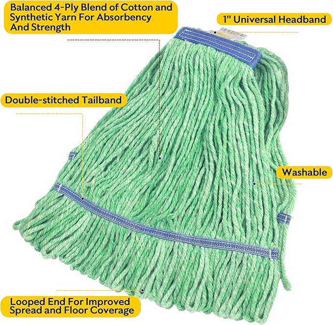 Matthew Cleaning Heavy Duty Mop Head Commercial Replacement for General and Floor Cleaning, Wet Industrial Blue Cotton Looped End String Head Refill (Case of 24) Green