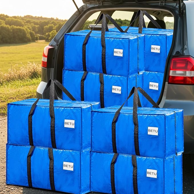 Extra Large Moving Bags Heavy Duty Storage Bags with Zipper Handles, BETU 8 Pack Clothes Storage Totes Bins Packing Moving Boxes, Moving Supplies for College Dorm Essentials, Space Saving, Blue