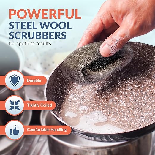 PAMI Pack of 8 Non-Scratch #3 Coarse Steel Wool Pads, Steel Wool Scrubbers, Metal Sponges for Tough Kitchen and Bathroom Cleaning