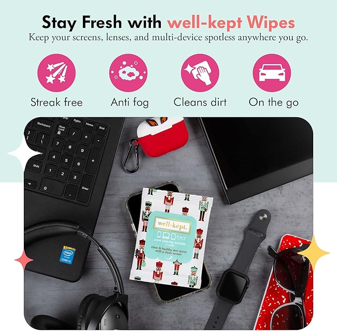 Well-Kept Tech & Lens Wipes - Eyeglass, Screen & Phone Cleaning, Multi-Surface, Lint-Free, Pre Moistened, Streak-Free & Non Scratching - Nutcracker, 12 Pack (180 Count)