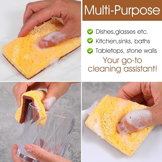 48 Pack Natural Plant Based Scrub Sponge, Palm Fiber Scrubbing Sponge with Non Scratch Compostable Sponges,Long Lasting No Smell Dishwashing Kitchen Scrubber