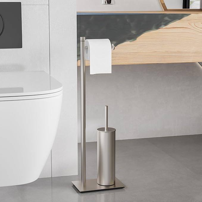 RUACQ Toilet Paper Holder Stand with Toilet Brush and Holder Set, 304 Stainless Steel Bathroom Toilet Tissue Paper Roll Holder Free Standing, Weighted Base, Heavy Duty (Brushed Nickel)